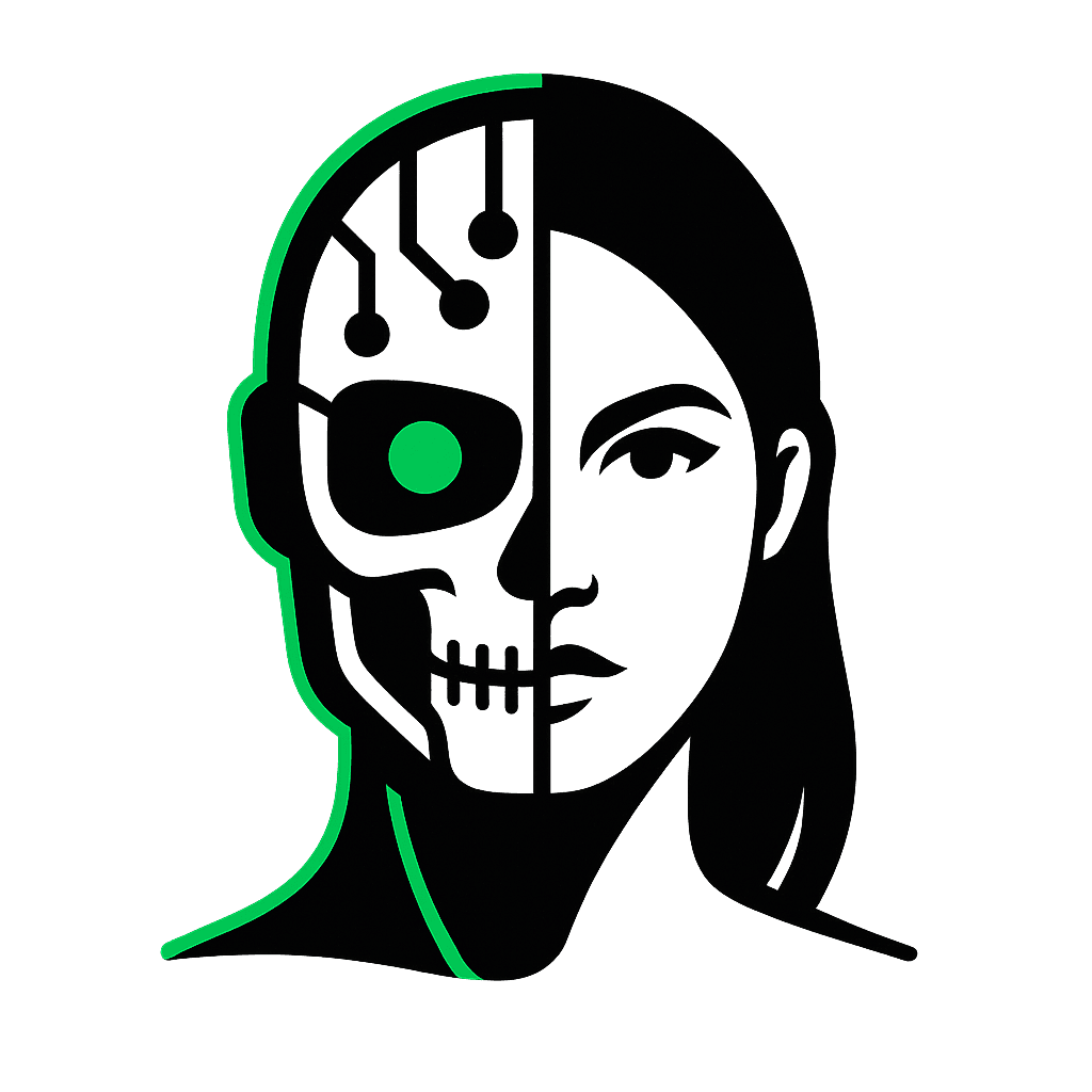 About Jolator AI branding logo featuring half-human, half-circuit design representing AI and automation