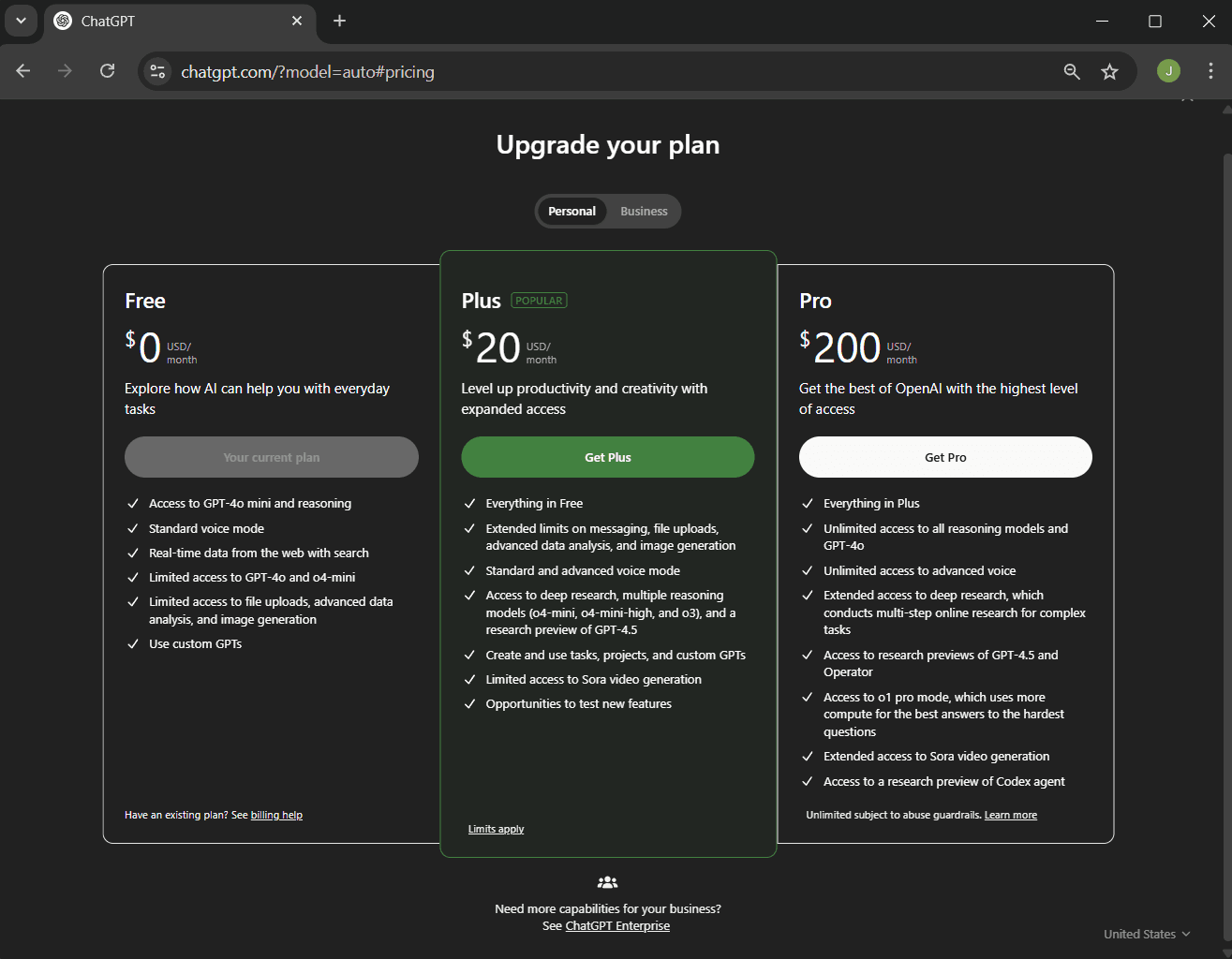 ChatGPT pricing page showing Free, Plus, and Pro plans – Beginner’s Guide to ChatGPT