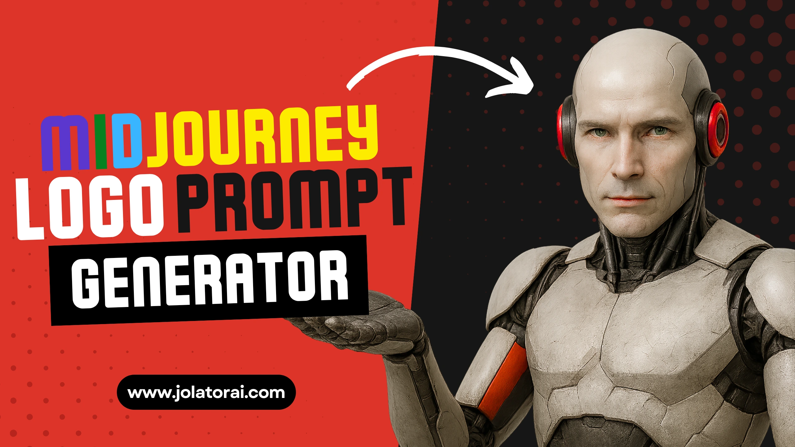Futuristic robot pointing at MidJourney Logo Prompt Generator tool banner